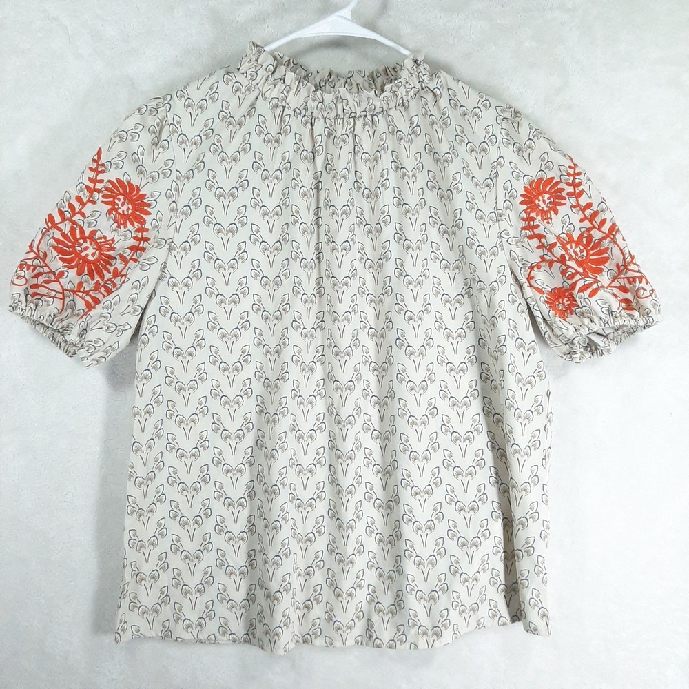 Embroidered Puff Sleeve Ruffle Neck Blouse Cream Orange Floral Print Grannycore - Picture 1 of 5